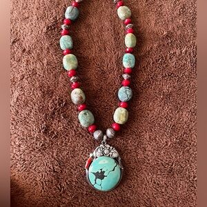 Turquoise and Red Beaded Necklace 137.9g